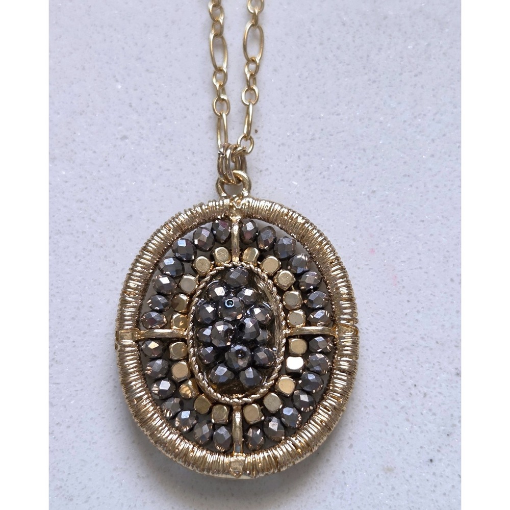 Gold Tone Wire Wrapped Oval Beaded Pendant Long Chain Necklace Adjustable